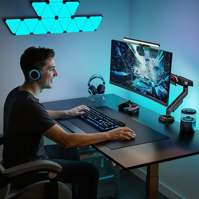 ARES WING Heavy Duty Single Monitor Arm, Fully Adjustable Single Monitor Mount for 17-40 Inch Flat Curved Ultrawide Screens Up to 26.5lbs with USB A/C, C-Clamp & Grommet Base, 75/100 Vesa Mount, Black