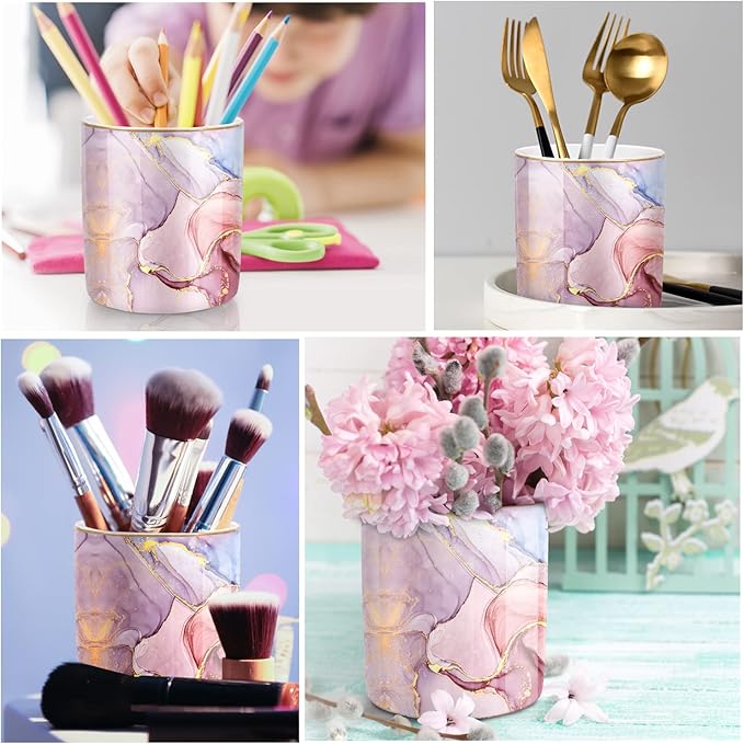 WAVEYU Pink Pen Holder for Desk, Premium Ceramic Pencil Holder Pen Cup Marker Holder Makeup Brush Holders, Desk Accessories & Workspace Organizers for Home, Office,Colorful Marble