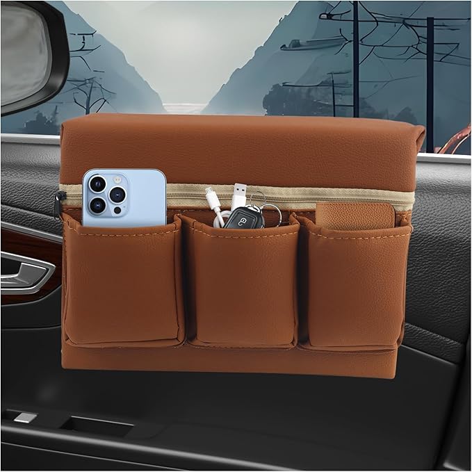 Car Armrest Storage Box for Window,Multi-Function Car Window Armrest Organizer with Multiple Storage Pockets,Arm Rest Organizer Cars Windows for Armrests and Increasing Storages (Brown)