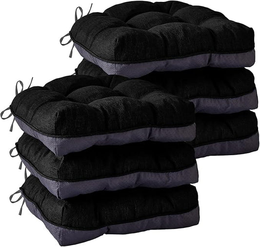 IASEAHK Chair Cushions for Dining Chairs, Seat Cushions for Kitchen Chairs, Indoor Seat Cushions with Ties, Tufted Foam Chair Pads, Non Slip Chair Cushions Set of 6, 15.5" x 15.5" x 4", Black
