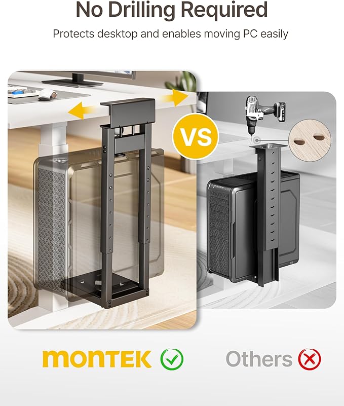 monTEK 66 LBS Heavy-Duty Ventilated Under Desk PC Mount, Adjustable No-Drill PC Mount with Protective Pads,16.1"-25.6" H, Ideal for Office Home Classroom, Black