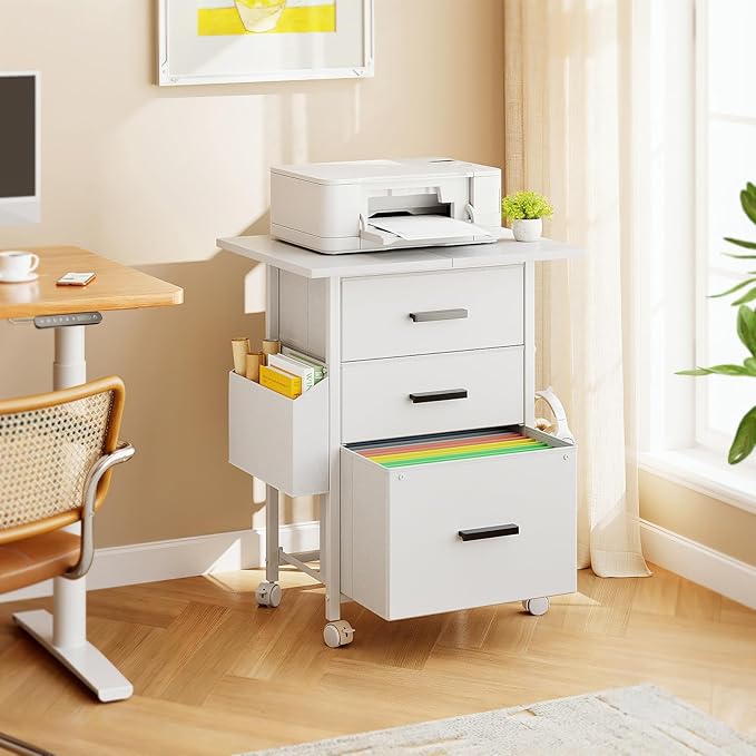 Mexin 3 Drawer File Cabinet with 24'' Extended Desktop, Mobile Filing Cabinet, Printer Stand, Rolling Printer Stand with Side Bag, Fabric Drawer, Fits A4 Size, Home Office, White