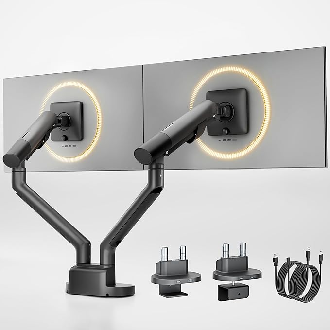 monTEK Dual Monitor Stand Mount with USB for Up to 35" Screens, Each Arm Holds Max 24.3lbs, Full Motion Adjustable Monitor Arm Desk Mount with C-Clamp/Grommet, VESA 75/100mm,Gray