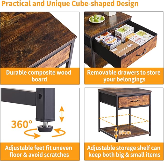 Aibiju Small Table Stand with Drawers, Multi-Functional Side & Printer Accent Table with Storage Shelf, Rustic Brown YD-TM156H