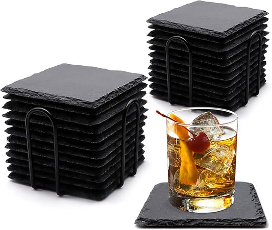 24 PCS Square Slate Drink Coasters Set, SIJDIEE 4 Inch Laser Engraving Black Slate Stone Coasters with Anti-Scratch Bottom and Coaster Holder for Office Bar Kitchen Home Dinner Table Decor Supplies