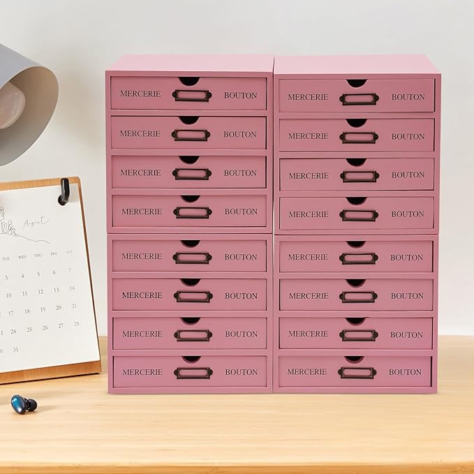 Vintage Drawer Wooden Drawers Organizer, 16-Drawer Desktop Storage Box Pine Wood Desktop Organizer with Label Holders, Desk Drawer Unit Collectors Box for Office, Home (Pink)