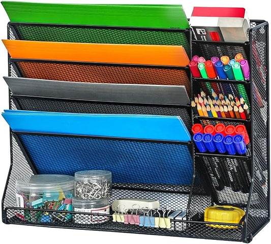 Jakyitvi File Organizer Wall Mounted, 4 Tiers Durable Adjustable Metal Desk Organizer, Desktop Hanging File Holder with 4 Pen Slots Stable, 4 Pull-Out Divider for File, Mail, Black, Patent Pending