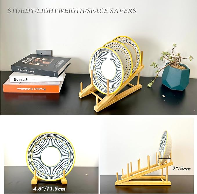 Plate Stands For Display,Wooden Plate Racks Dish Stand Holder, 5-Tier Display Stands For Tabletop Book, Art Print, Puzzle, Cutting Board Kitchen Cabinet Organizer