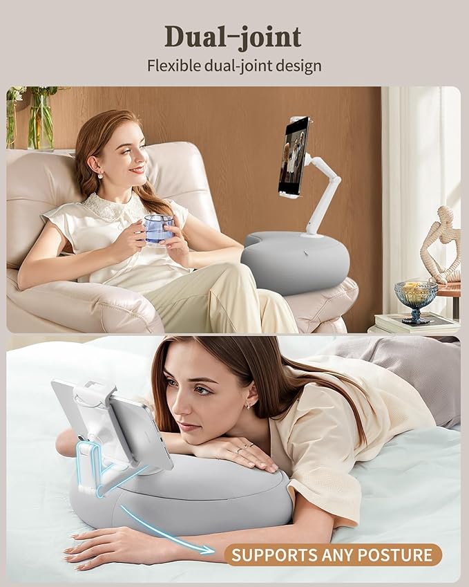 SAIJI Tablet Pillow Stand for Bed – iPad & Kindle Holder with Flexible Dual Axis Arm & Microbead Cushion, 360° Adjustable Lap Beanbag Phone Holder Fits Devices with 4.7"–15.6" Screens (Gray)