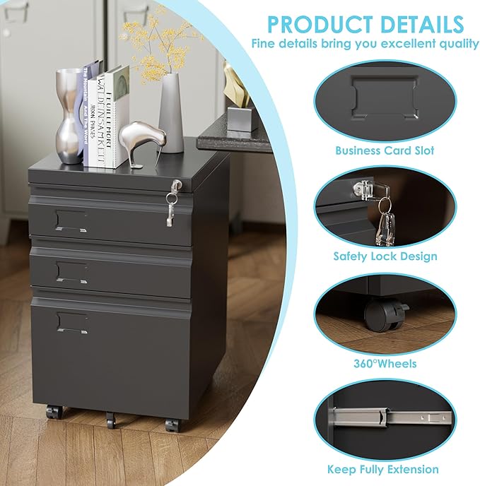 SUXXAN 3 Drawer File Cabinet with Lock, Heavy Duty Metal Mobile Filing Cabinet for Home Office, Under Desk Storage Organizer with Name Holder, Fits Legal/Letter/A4 Size, Assembly Required