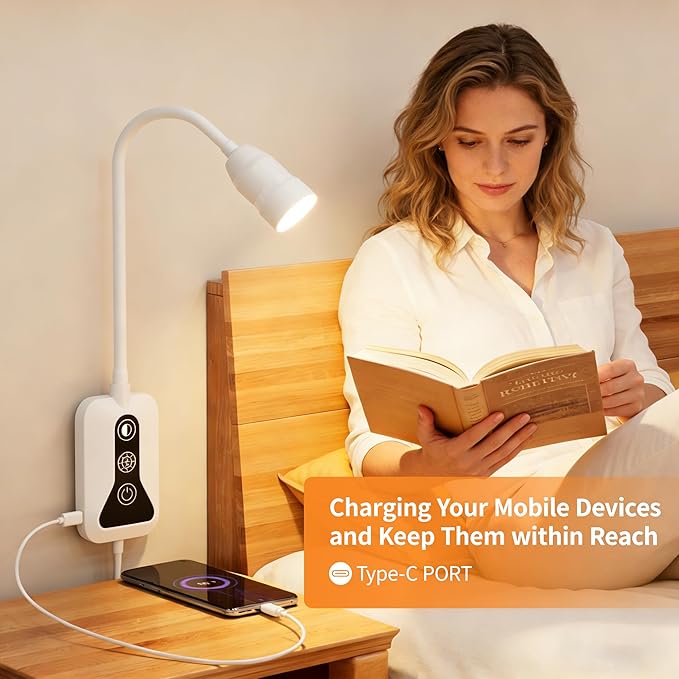 Wall Mounted Reading Light with Wave Sensor/Touch Switch, 5 Color & 5 Level Dimmable Touch Bed Lights for Reading with USB C Output, Eye-Care Reading Light for Bed,Heaboard, Dorm, Bedroom(White)
