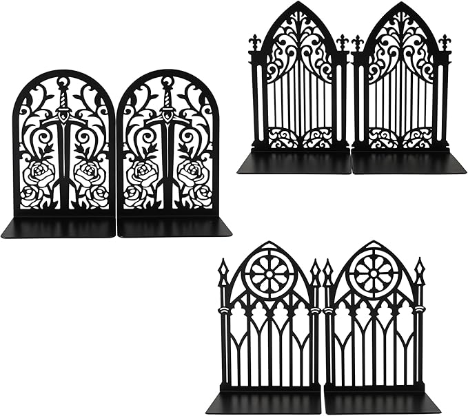 Book Ends, Bookends, Book Ends for Shelves, 2Pair Non Skid Metal Book Divider Decorative Holder, Abstract Art Desgin Book Stopper Supports for Office, Home (3 Pairs Gothic Bookends)