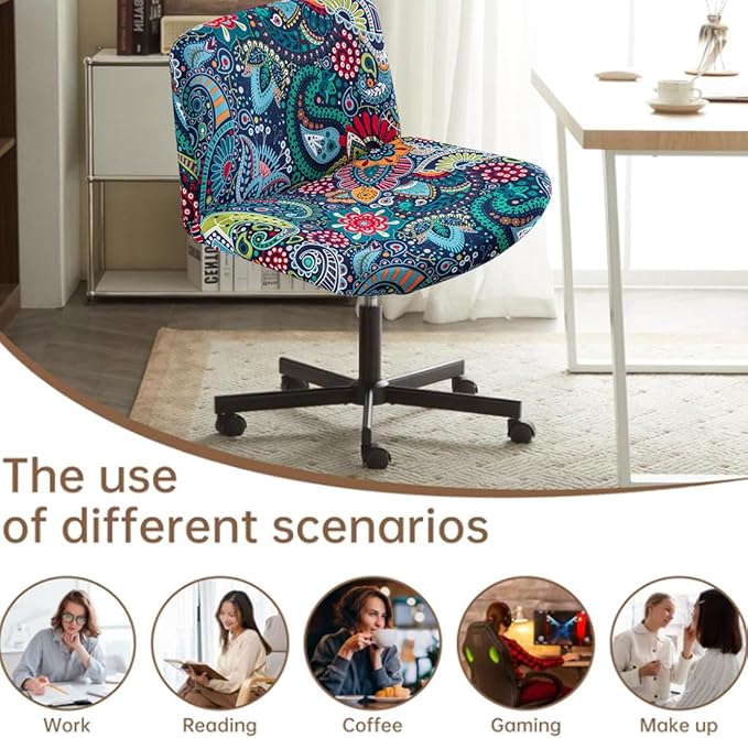 Levoberg Armless Criss Cross Office Desk Chair Cover Slipcovers Printed Vanity Desk Chair Covers Armless Cross Legged Wide Chair Covers Accent Mid Back Wide Swivel Task Chair Protector #3