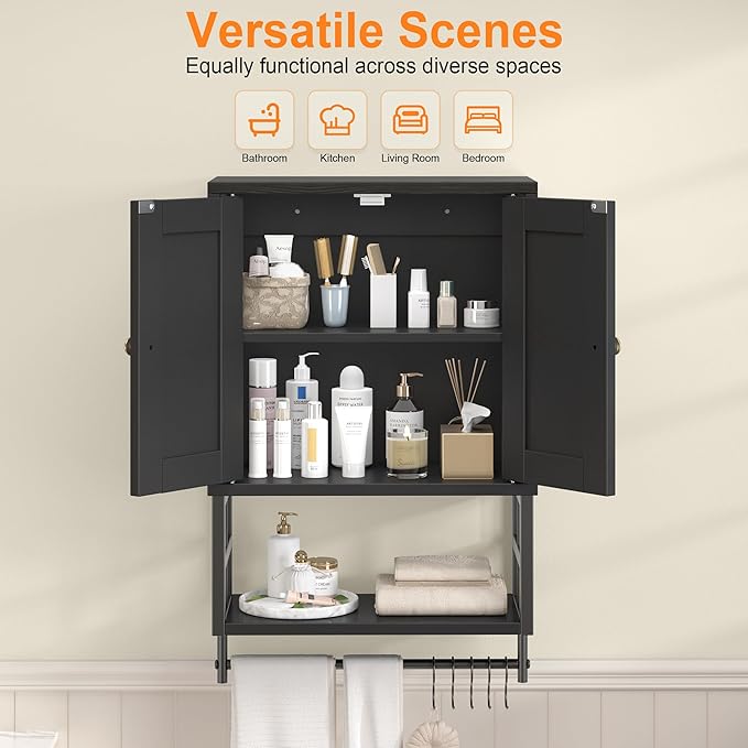 Farmhouse Medicine Cabinet - 3-Tier Wall Mounted Storage Organizer with Adjustable Shelves, Towel Bar, 5 Hooks for Small Bathroom, Laundry Room, Over Toilet, Living Room, Bedroom, Black
