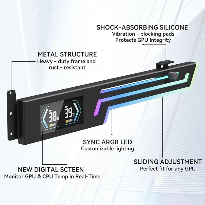 ARGB GPU Support Bracket with CPU & GPU Temp Display, Universal Graphics Card Support, Multi Angle Adjustable GPU Sag Bracket for Video Cards, GPU Stand Built-in 5V3PIN Addressable RGB Strip