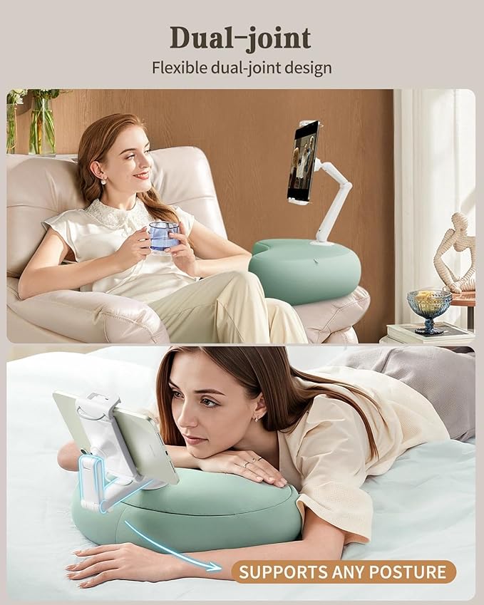 SAIJI Tablet Pillow Stand for Bed – iPad & Kindle Holder with Flexible Dual Axis Arm & Microbead Cushion, 360° Adjustable Lap Beanbag Phone Holder Fits Devices with 4.7"–15.6" Screens (Cyan)
