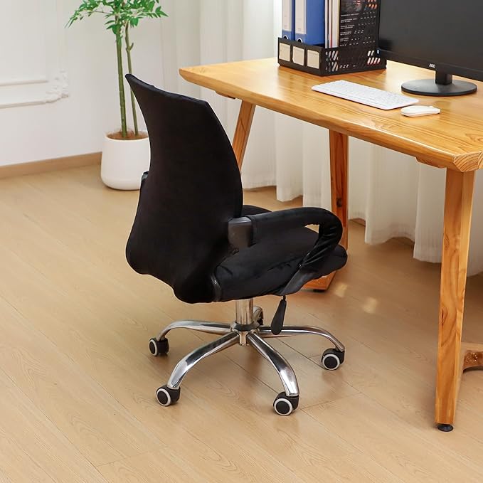 Velvet Office Chair Cover with Armrest Cover 18Inch Wide Stretch Black Small Desk Computer Chair Covers with Long Zipper Arm Slipcovers Washable
