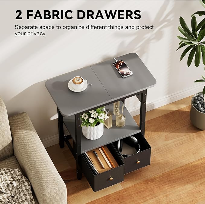 HLDIRECT Nightstand with Charging Station, Bedside Table with 2 Fabric Drawers and Large Storage Shelf for Small Space, End Table with Outlet and USB Ports for Living Room, Bedroom (Gray)