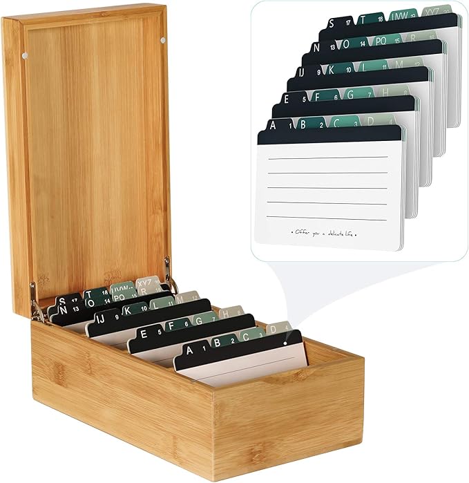 MaxGear Index Card Holder, 3 x 5 Inch Business Card Organizer for Desk with 3 Dividers, Bamboo Index Cards Box with A-Z Tabs Holds 600 Cards for Recipe Flash Storage