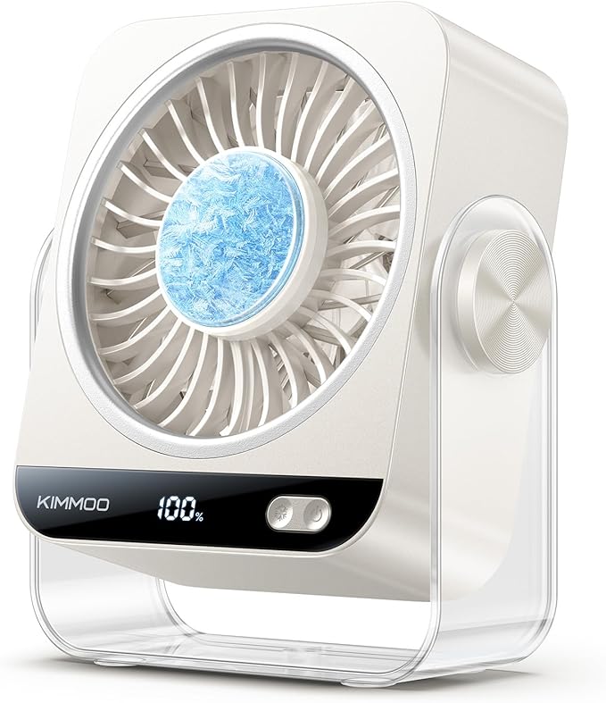 KIMMOO USB Desk Fan for Bedroom, 199 Speeds Turbo Airflow, Portable Fan with Ice Cooling, Digital Display Quiet Table Fan, 270° Rotating Small Rechargeable Battery Desktop Fans for Home Office (White)