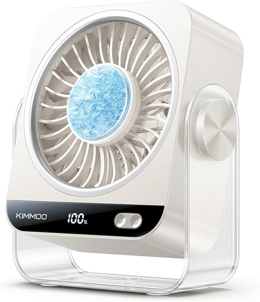 KIMMOO USB Desk Fan for Bedroom, 199 Speeds Turbo Airflow, Portable Fan with Ice Cooling, Digital Display Quiet Table Fan, 270° Rotating Small Rechargeable Battery Desktop Fans for Home Office (White)