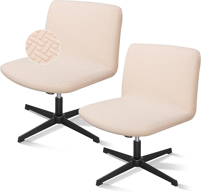 Armless Desk Chair Cover, 2pcs Beige Office Criss Cross Desk Vanity Slipper Computer Task Chair Cover, Jacquard Wide Seat Swivel Cross Legged Office Chair Slipcovers（Only Covers, No Chairs）