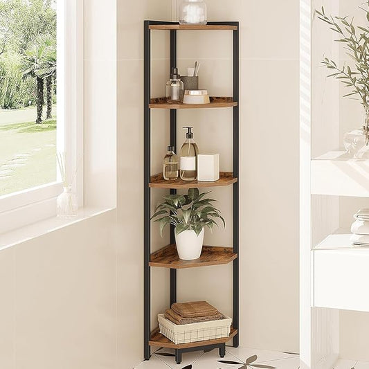Hzuaneri Corner Shelf Stand, Corner Bookshelf, Storage Standing Shelf Unit with Metal Frame, Plant Stand, Bookcase for Living Room, Home Office, Bedroom, 5-Tier Rustic Brown CS05901B