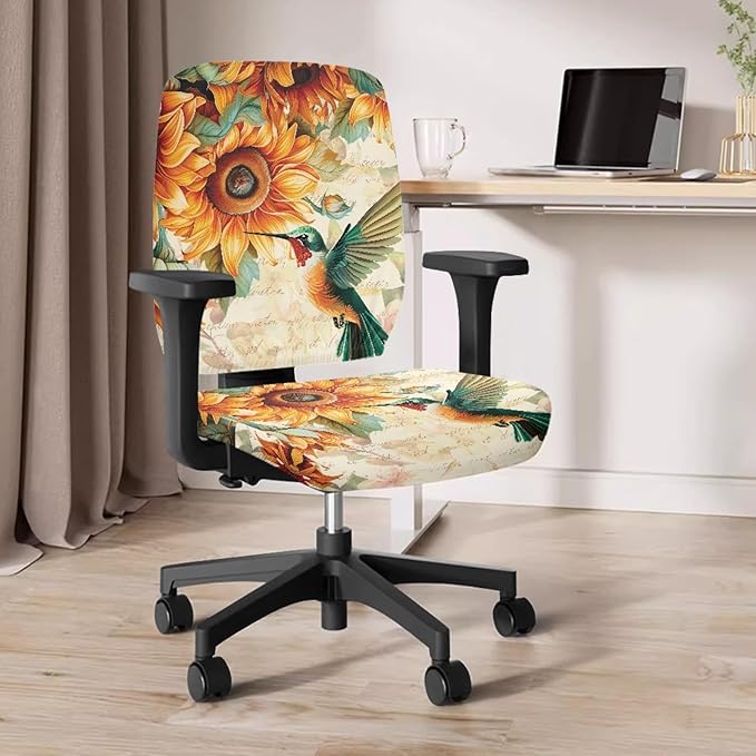 GLENLCWE Hummingbird Sunflower Stretch Desk Office Chair Seat Covers,Universal 2 Pack Computer Chair Slipcovers Washable Backrest Coverings and Cushion Covers
