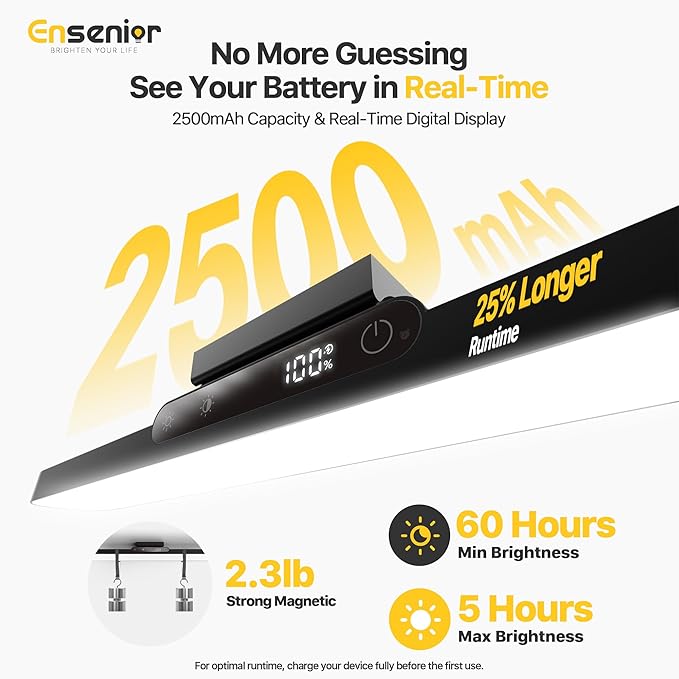 Upgraded Under Cabinet Lights Wireless, 2500mAh Rechargeable Battery Operated Lights with Digital Display, 130° Rotatable Magnetic Light Bar, Remote Control Dimmable Stick On Light for Mirror School