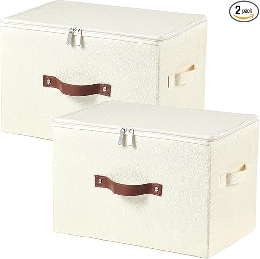 2 Pack Storage Bins with Zipper Lid Cotton Linen Fabric Lidded Storage Baskets Boxes Foldable Washable Closet Shelf Clothes Organizer Container with PU Leather Handles (Beige, Large Size)