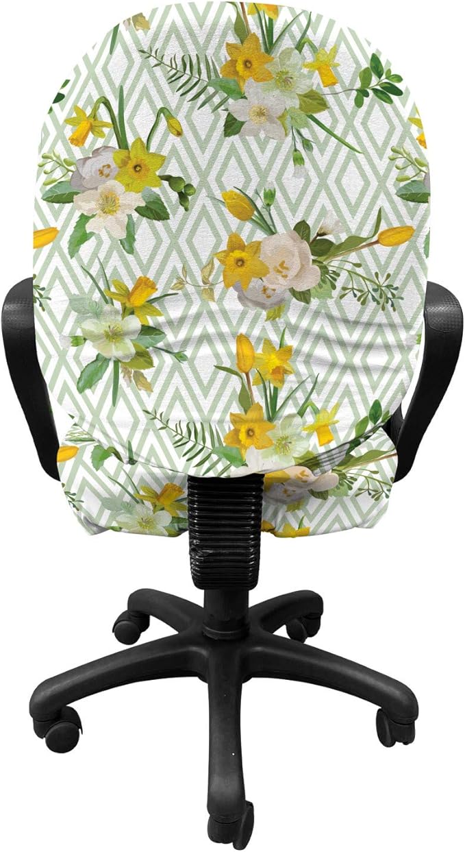 Ambesonne Watercolor Office Chair Slipcover, Diamond Pattern Blooming Floral Arrangement Petals and Leaves, Protective Stretch Decorative Fabric Cover, Standard Size, Green Yellow