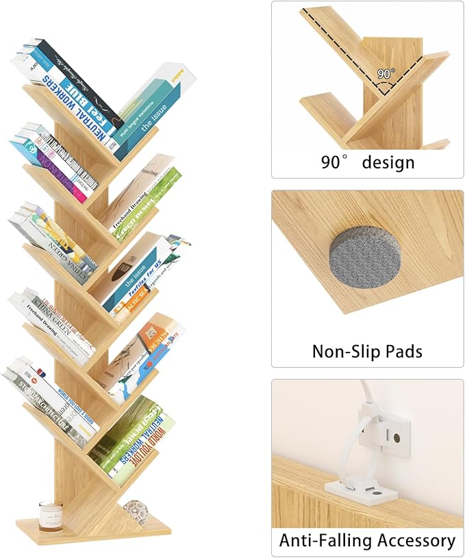 SHEEPAM 10 Tier Tree Book Shelf, Floor Standing Wood Bookshelf for Narrow Space, Storage Organizer Bookshelves for Books/CDs/Magazine, Bookcase with Shelves for Home Office, Living Room - Natural
