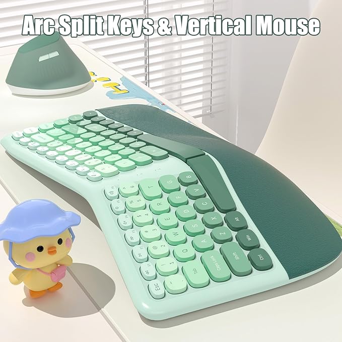 Ergonomic Wireless Keyboard and Mouse Combo with Wrist Rest, Curved Split Keys Clicky 84-Key Membrane Keyboard 6-Key Vertical Mouse Set for Win/Mac/PC/Laptop, AAA Batteries, Mint Green