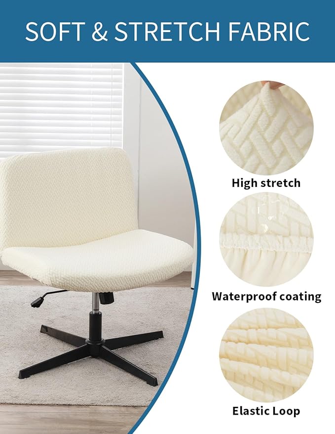 LavishCover Armless Chair Cover Office Desk Chair Cover, Waterproof and Elastic Criss Cross Chair Cover, Exquisite Vanity Chair Covers, Mid Back Wide Seat Accent Chair Covers(Cream,T-Type)