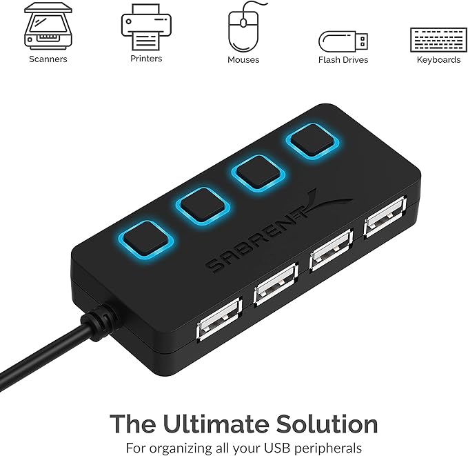 SABRENT 4 Port USB 2.0 Data Hub with Individual LED lit Power Switches [Charging NOT Supported] for Mac & PC (HB-UMLS) (Pack of 2)