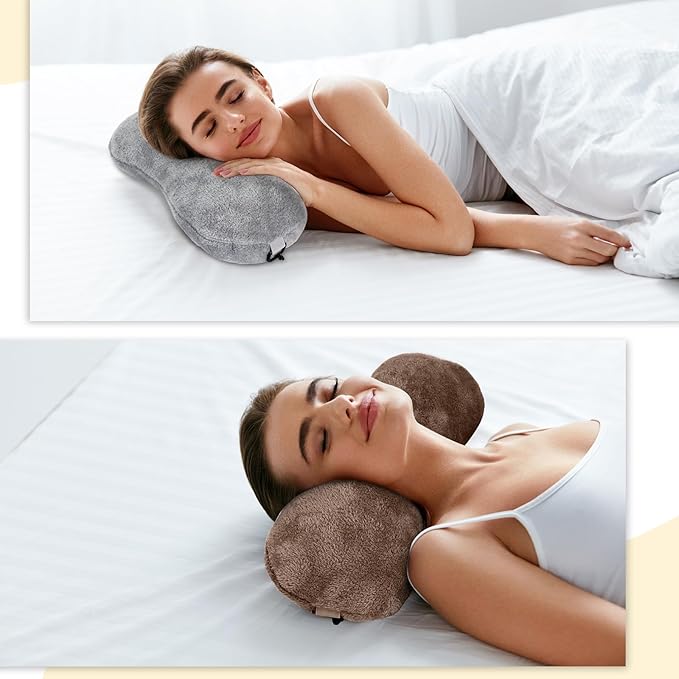 Colingmill 2 Pcs Neck Pillow for Recliner Headrest Pillow Bone Shaped Chair Plush with Adjustable Strap Neck Support and Pain Relief Curve Head Cushion for Car Travel Airplane (Grey and Brown)