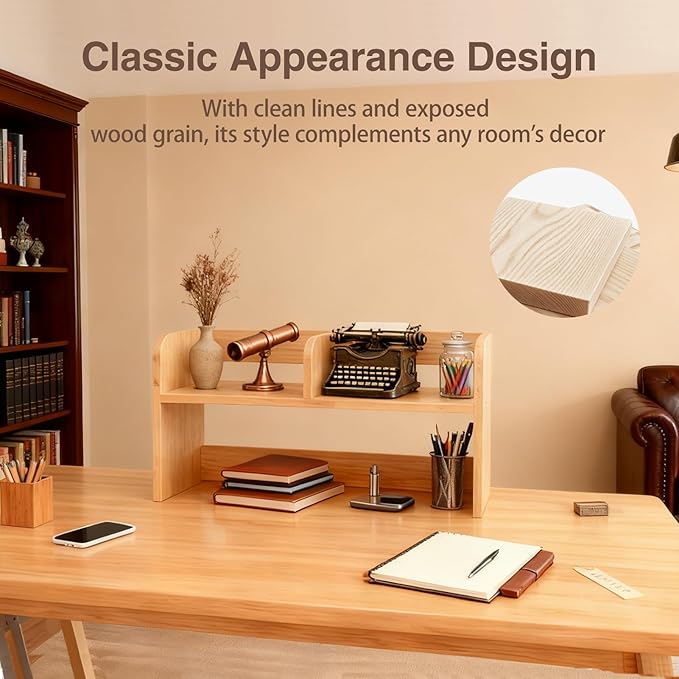 Wood Desk Hutch, Desktop Shelf Organizer with 2-Tier Multipurpose Desk Organizer for Top of Writing Desk, Wooden Book Shelf for Dorm & Office, Natural