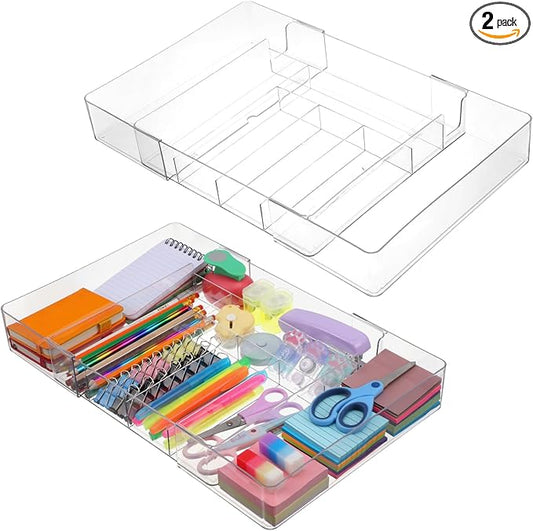 2 Pcs Large Expandable Desk Drawer Organizer, Adjustable Drawer Dividers Tray with Compartments for Organizing Pens, Pencils, Paper Clips and Sticky Notes, Office, Kitchen, Desk Supplies