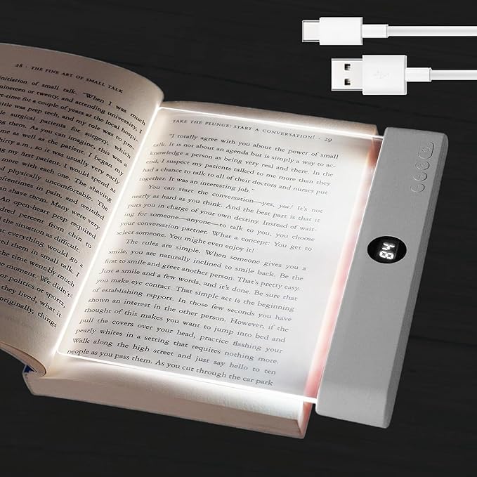Book Light, Rechargeable Reading Lights for Books in Bed - Eye Caring 3 Color Temperatures, Stepless Dimming Brightness, Timer, Long Lasting, Portable Flat Book Light for Book Lovers (White)
