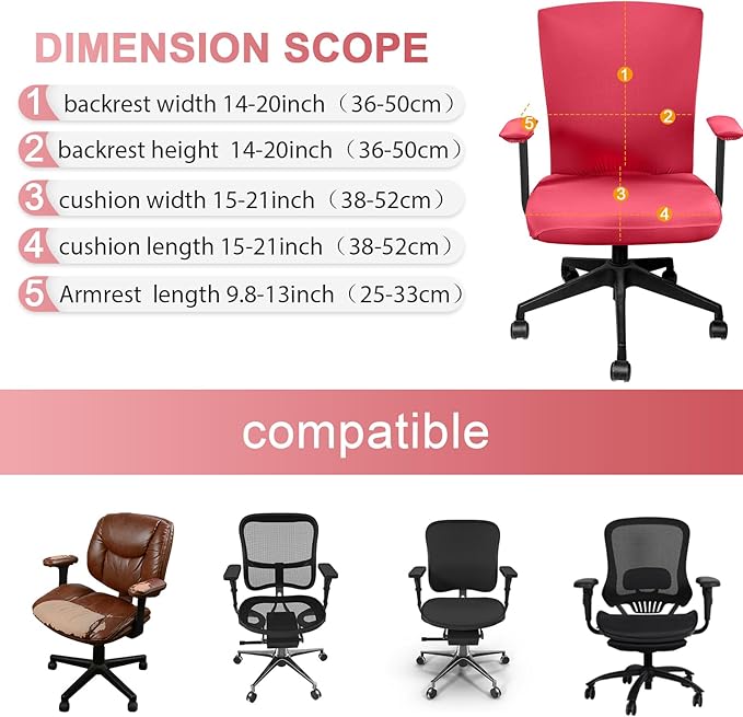 Tallew 4 Pcs Office Chair Covers Set Computer Universal Protective Stretchable Chair Seat Covers Desk Armrest Cover Pads Office Cushion Backrest for Rotating(Regular,Rose Red)