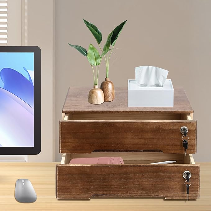 Wooden Desk Organizer with Drawers & Lock, Desktop Countertop Storage Cabinet Lockable Home Office Supplies File Tabletop Organizing Unit (2 Drawer - Retro Walnut)