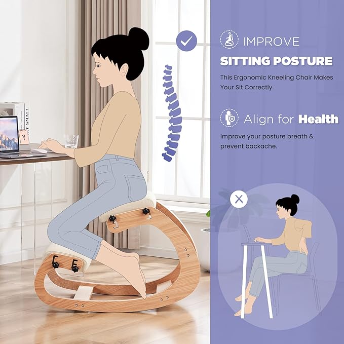 Ergonomic Kneeling Chair, Adjustable Rocking Knee Chairs for Home Office, Wooden Office Knee Chair for Back Pain Relief, Beige