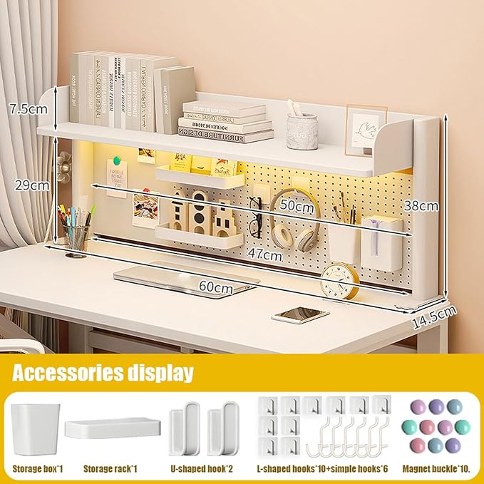 Clamp On Desk Extension Shelving Unit for Table Accessories Adjustable Clip On Storage Tray with Perforated Board and Hooks for Desk Organizer, L23.6in, H 38cm/14.9in