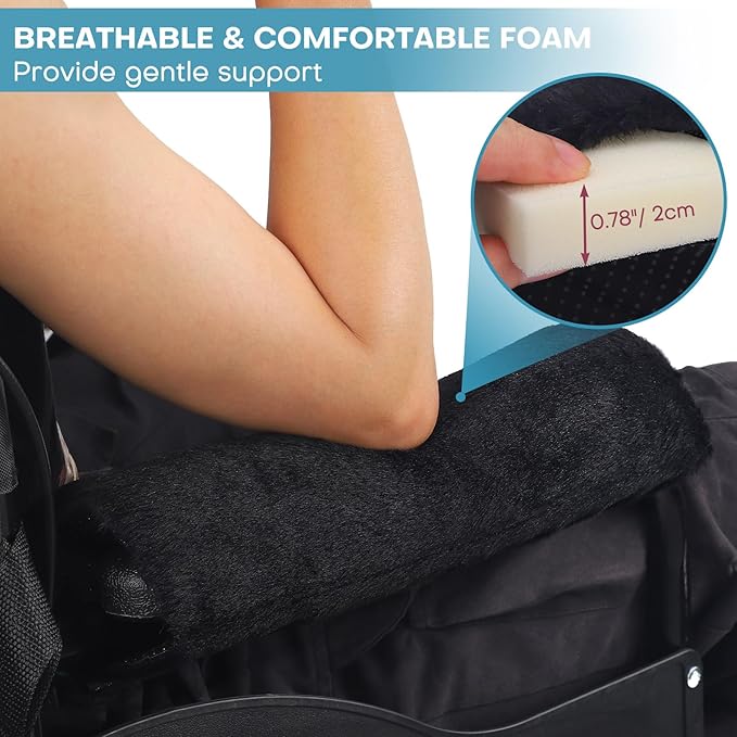 2PCS Wheelchair Armrest Pads with Hook and Loop Straps, Soft & Warm Short-Pile Plush Wheelchair Armrest Pads, Non Slip Arm Rest Covers for Handicapped/Adult, Comfort Foam Wheel Chair Arm Cushion-Black