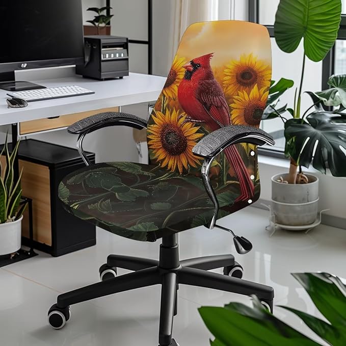 Talayituse Cardinal Sunflower Print Office Chair Covers, Stretch Computer Chair Cover, Universal Boss Chair Covers Modern Simplism Style High Back Chair Slipcover, Large