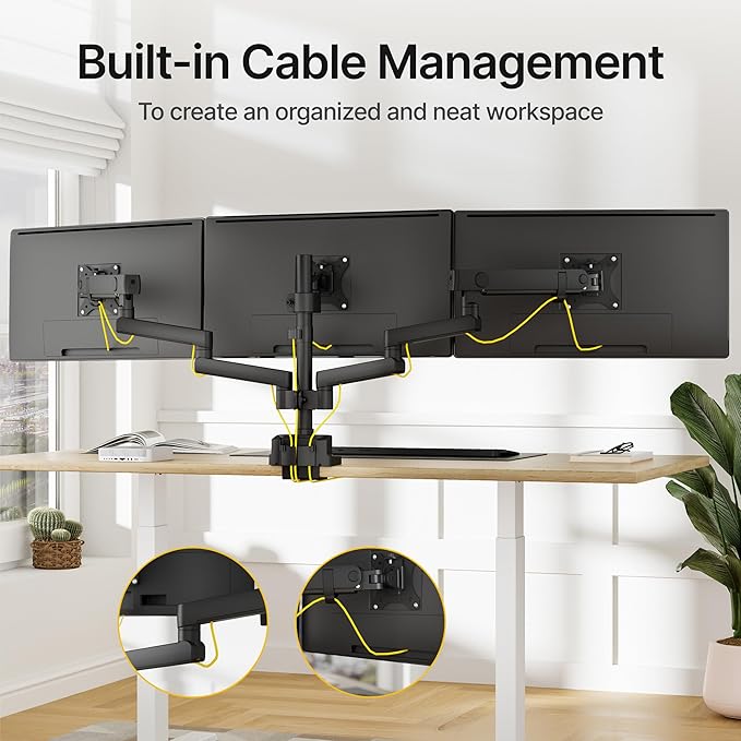 monTEK Triple Monitor Mount for Max 27 inch Computer Screens, Full Motion 3 Monitor Desk Mount Each Arms Holds up to 19.8lbs, Clamp & Grommet Mounting
