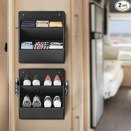 2 Pack RV Shoe Storage with Sticky Adhesive Tape, Over the Door Shoe Rack, Wall Hanging Shoe Organizer with Large Deep Pockets for Camper, Narrow Space Saving Closet Organizers Black