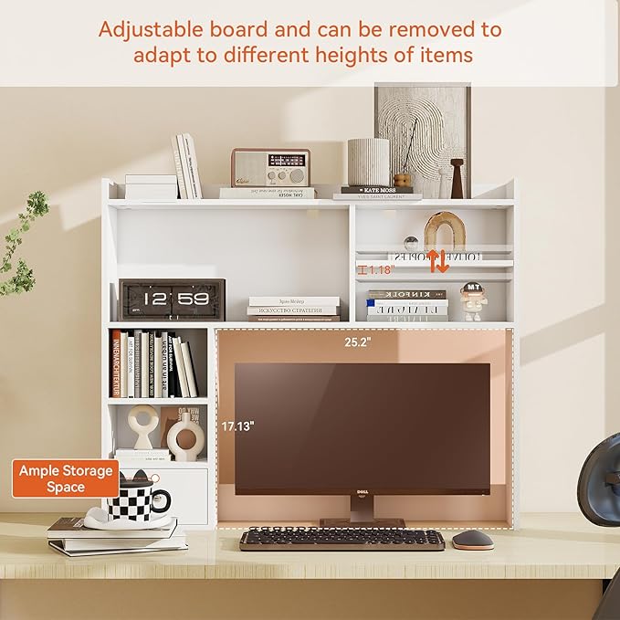 ELECWISH Desktop Bookshelf, Desk Hutch with Drawer for Computer Desk, 35.04" 6-Tier Adjustable Desktop Shelf Organizer for Home Office, White