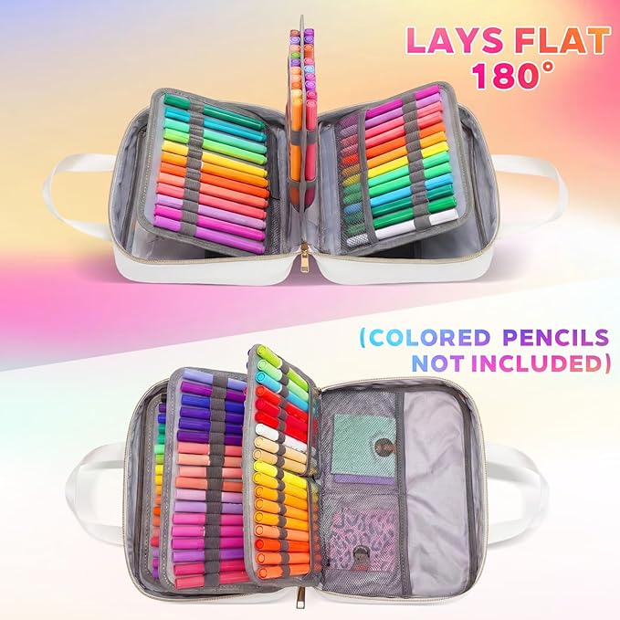 Hillban 108 Slots Large Colored Pencil Case with Chenille Letter Patch Extra Large Capacity Interlayer Pencil Holder Organizer with Handle Zipper Portable Storage Bag Graduation Gift for Artist(White)