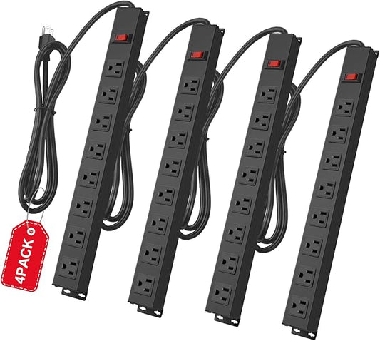 4Pack Metal 8 Outlet Mountable Power Strip, Wall Mount Outlet Heavy Duty, Wide Spaced Commercial Shop Power Strip with Switch, 15 FT Power Cord.